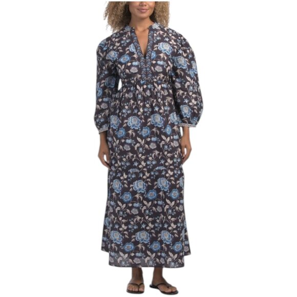 BINDU Block Print Floral Dress With Puff Sleeves - Picture 1 of 3